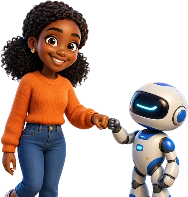 3D character of Divine fist-bumping a friendly robot assistant