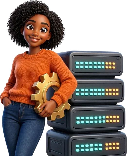 3D character of Divine leaning on glowing server towers holding a golden gear