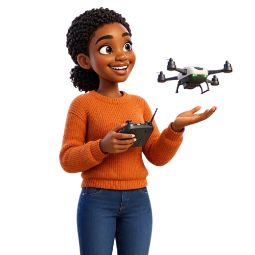3D character of Divine piloting a drone with a remote controller