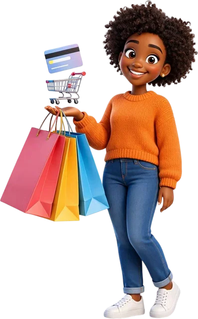 3D character of Divine carrying colorful shopping bags with a floating cart and credit card