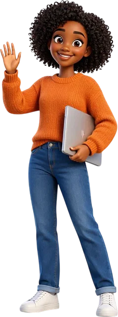 3D character of Divine waving hello with a laptop under her arm