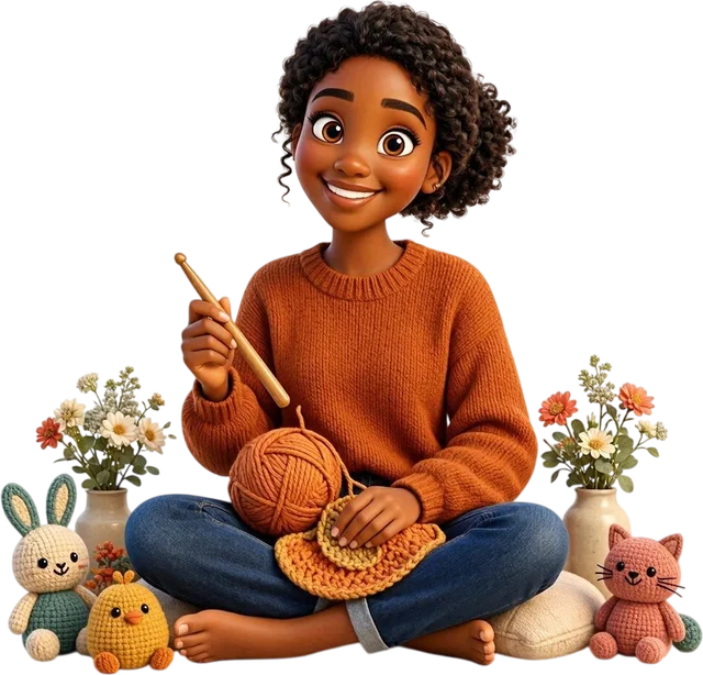3D character of Divine crocheting with orange yarn surrounded by cute crochet plushies