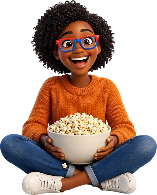 3D character of Divine laughing with a bowl of popcorn and 3D glasses
