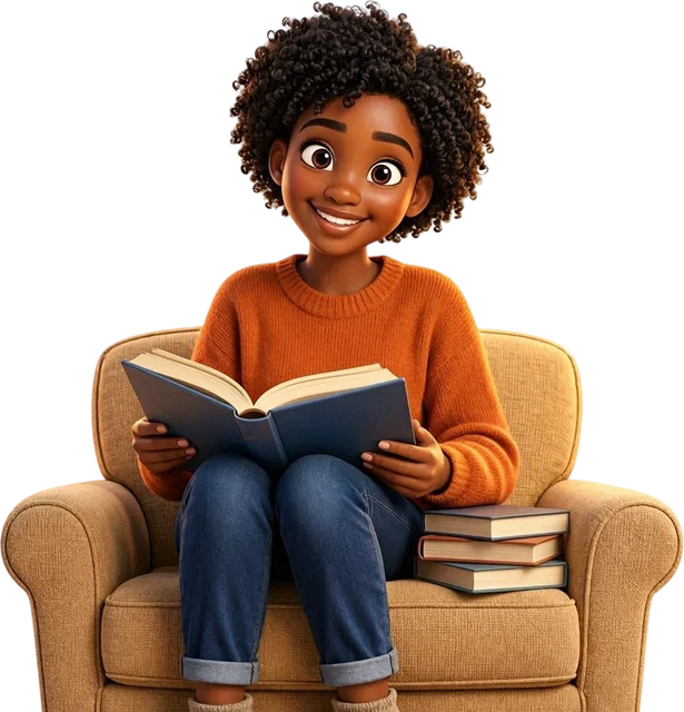 3D character of Divine reading a book in a comfy armchair