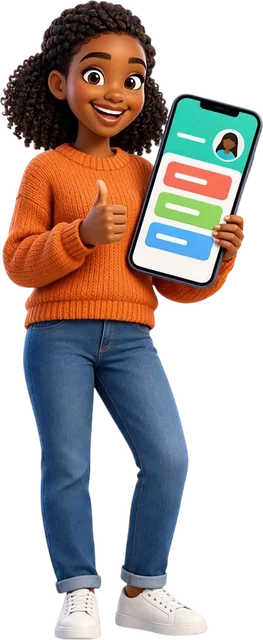3D character of Divine holding up a smartphone with an app and giving a thumbs up