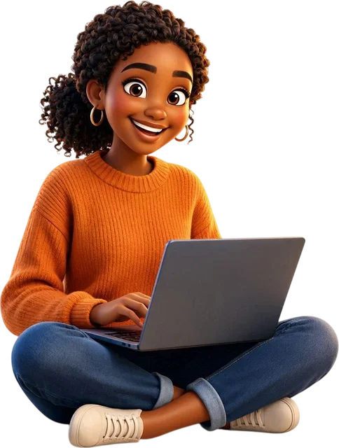 3D character of Divine coding happily on a laptop