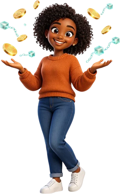 3D character of Divine juggling golden coins and floating blockchain cubes